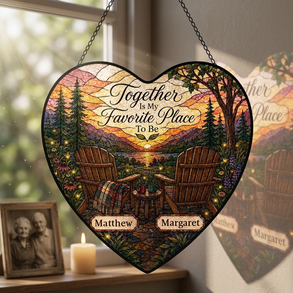Heart stained glass suncatcher with lake sunset, two chairs, and the words Together Is My Favorite Place To Be.