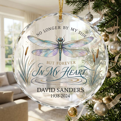 Personalized Dragonfly Memorial No Longer By My Side Round Glass Ornament