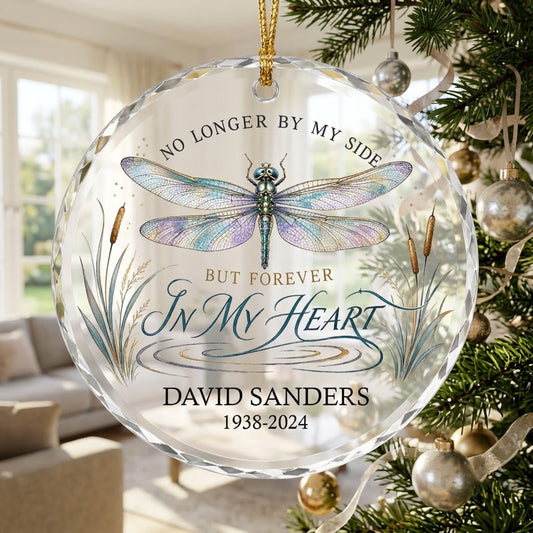Personalized Dragonfly Memorial No Longer By My Side Round Glass Ornament