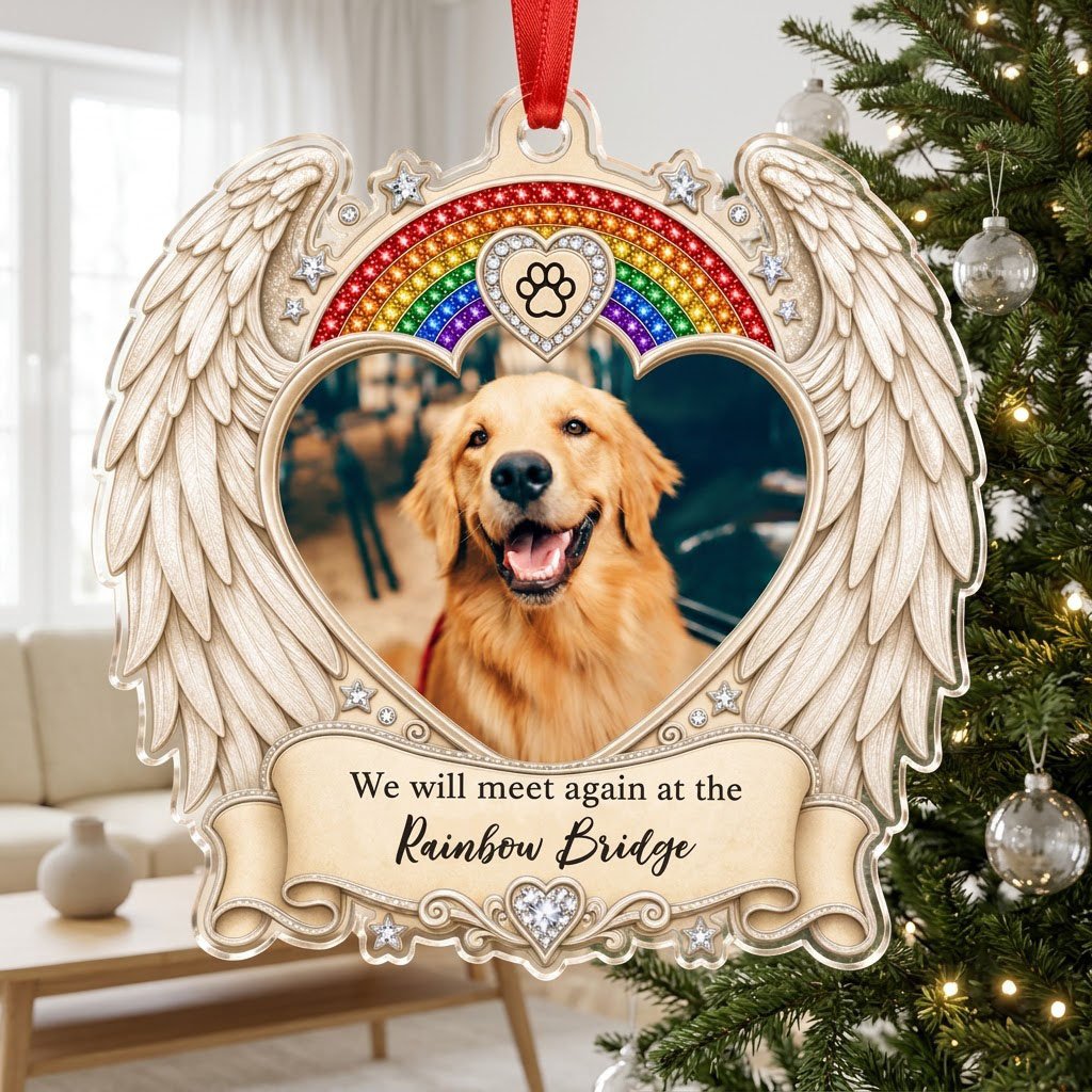 Acrylic ornament with angel wings, heart photo frame, rainbow arch, jeweled paw-print heart and bottom scroll.