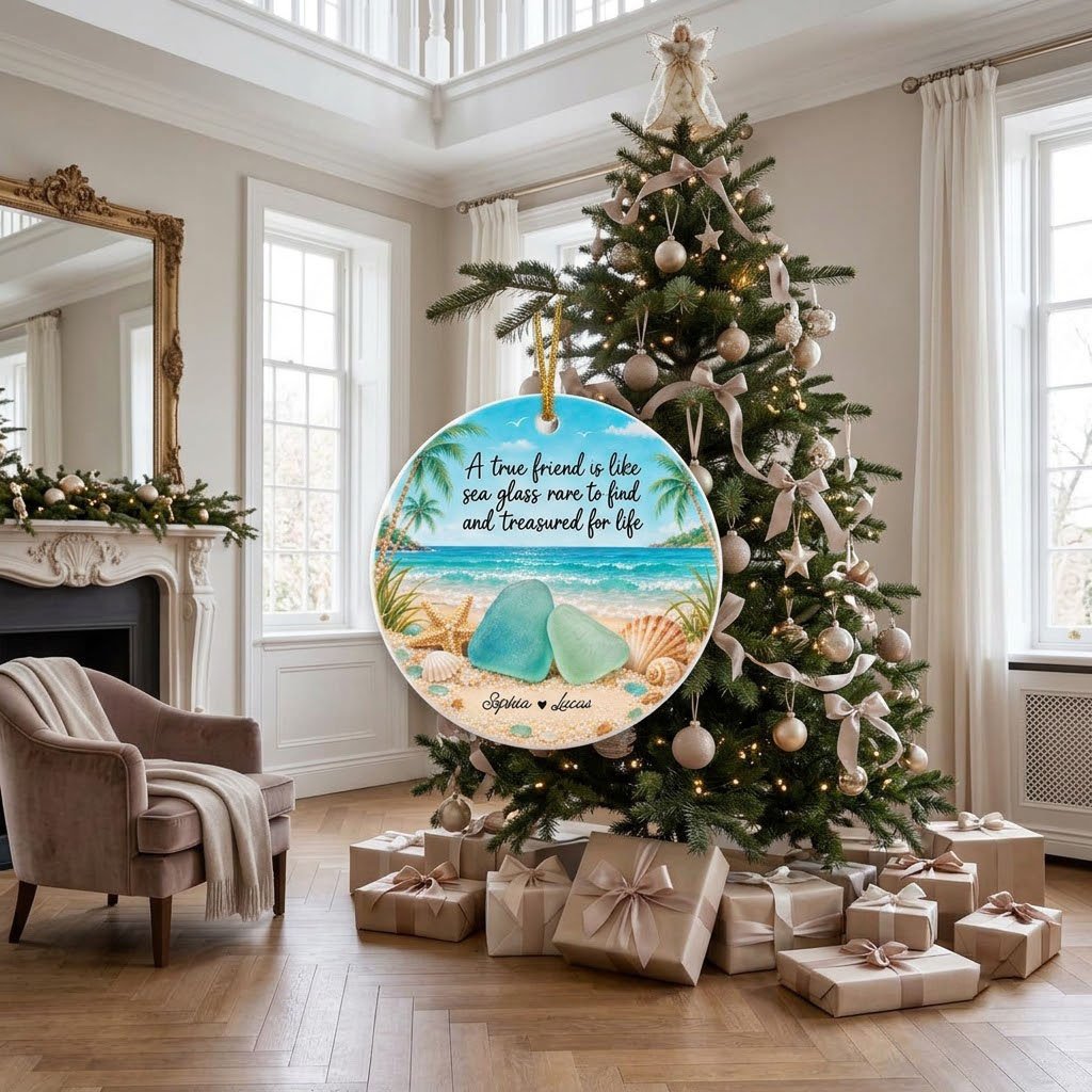 Round ceramic ornament with beach scene, palm trees, sea glass, shells, and a friendship quote with two names.