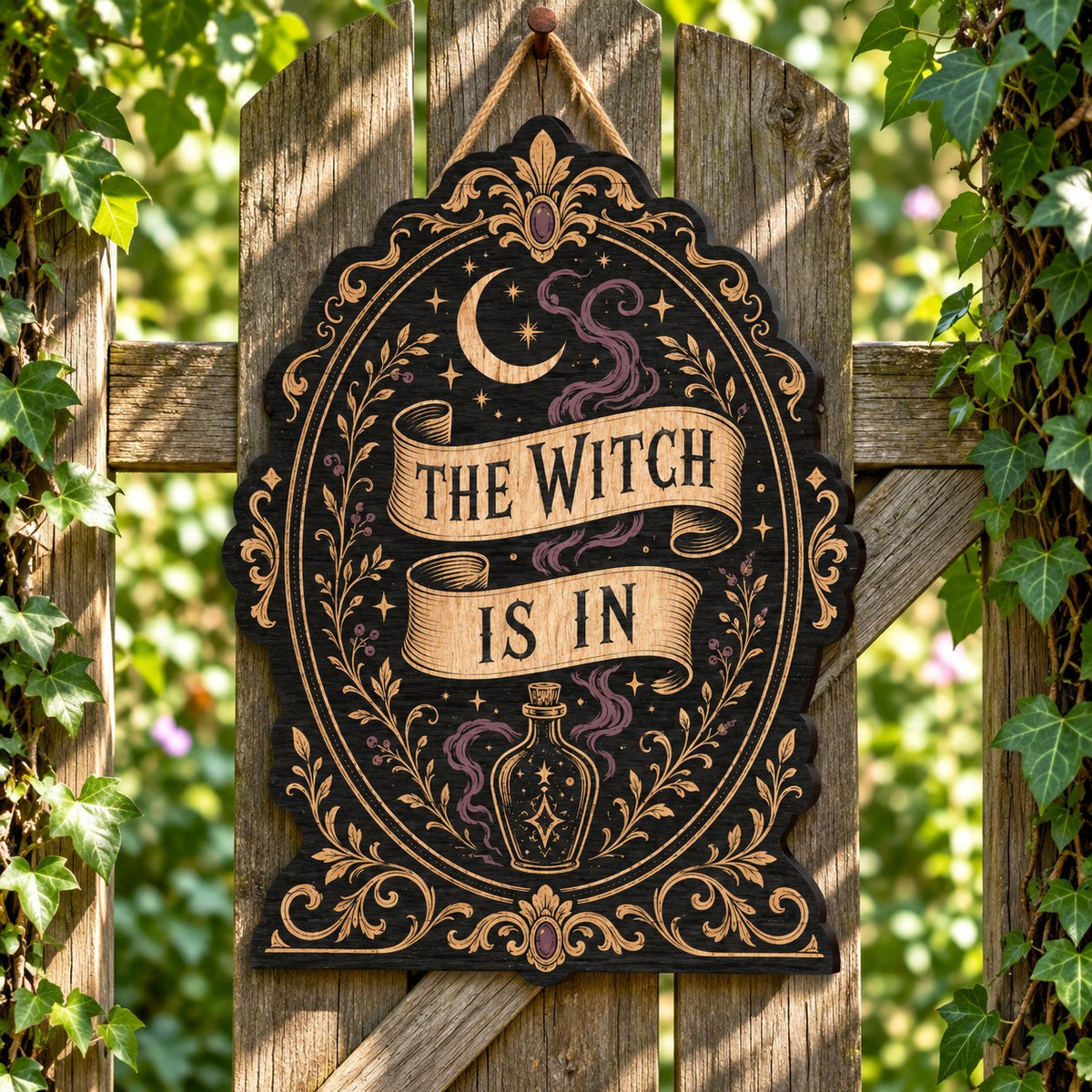 Gothic plaque sign reading "THE WITCH IS IN" with crescent moon, stars, purple smoke, potion bottle and ornate filigree 