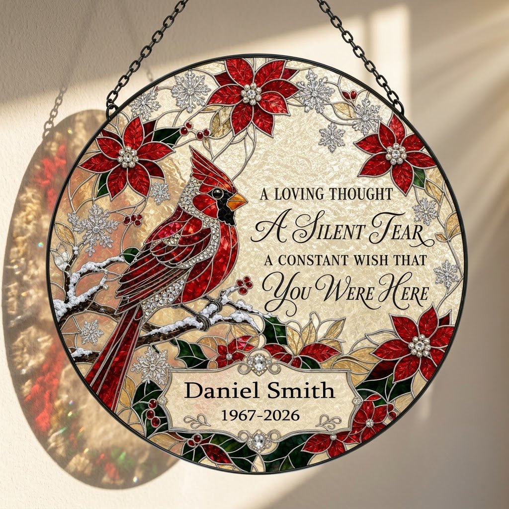Personalized Red Cardinal Poinsettia A Silent Tear Memorial Stained Glass Round Suncatcher
