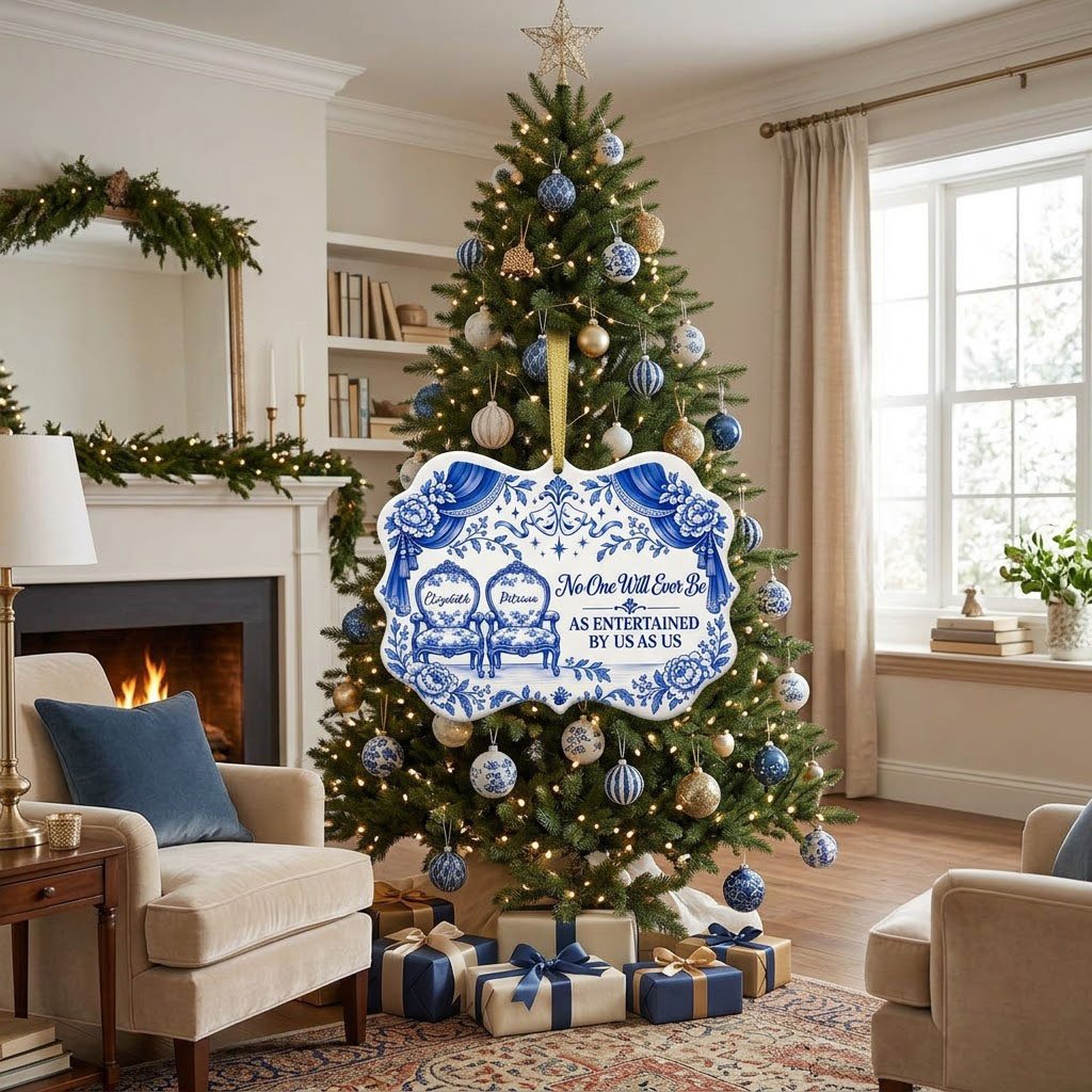 Blue-and-white ceramic ornament with theater masks, vintage chairs, Delft florals, and draped curtains.