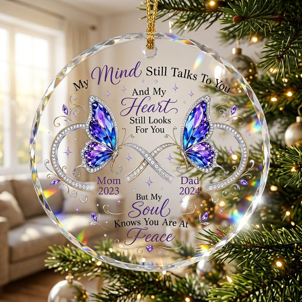 Round faceted glass ornament with two jeweled purple and blue butterflies, memorial quote, and personalized name and yea