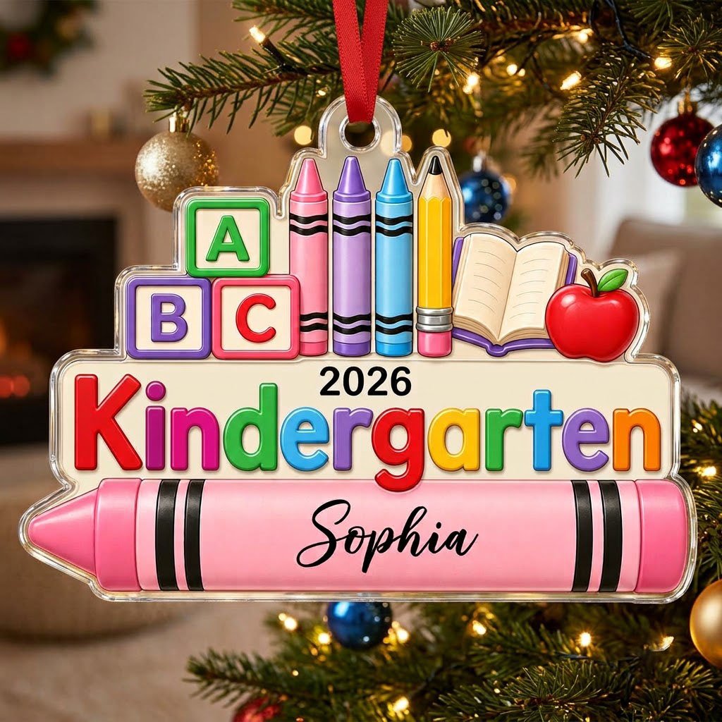 Clear acrylic ornament with ABC blocks, crayons, apple, open book and 'Kindergarten 2026' with a pink name banner