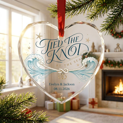 Personalized Tied the Knot by the Sea Beach Wedding Heart Glass Ornament