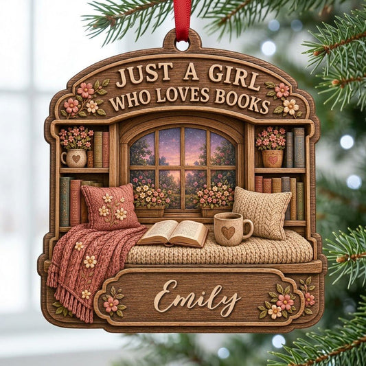 Arched wood ornament showing a cozy window book nook with bookshelves and mug, reading 'Just a Girl Who Loves Books' wit