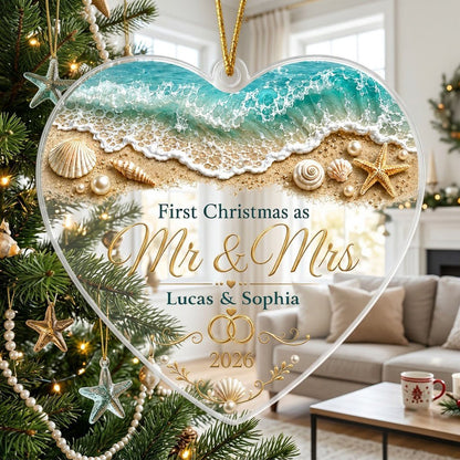 Personalized Beach Ocean First Christmas as Mr & Mrs Heart Acrylic Ornament, Custom Destination Wedding Keepsake