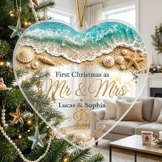 Personalized Beach Ocean First Christmas as Mr & Mrs Heart Acrylic Ornament, Custom Destination Wedding Keepsake
