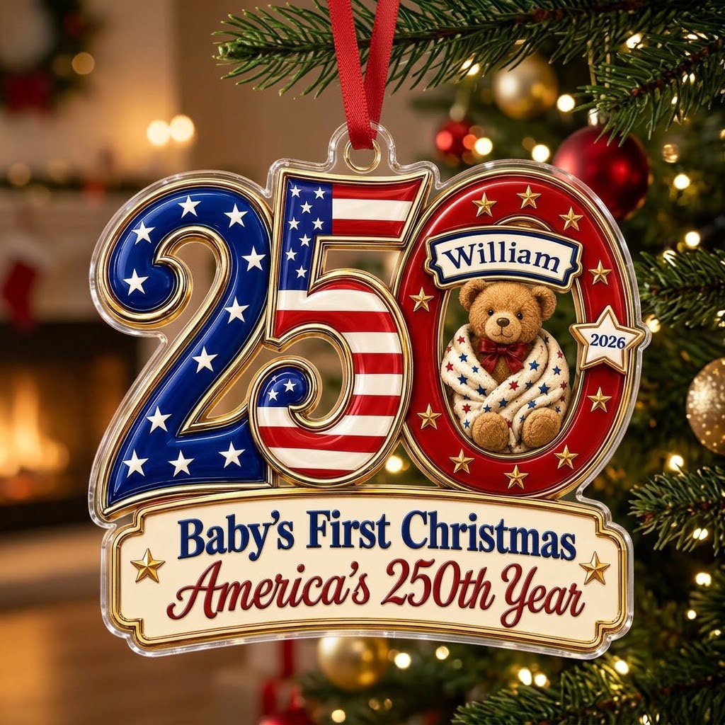 Acrylic ornament shaped like 250 with a teddy bear in the 0 and a gold-trimmed banner for the baby's name and year.