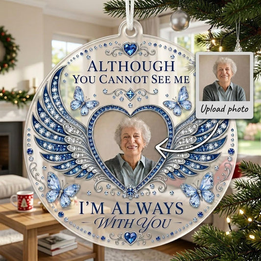 Personalized Sapphire Angel Wings Heart Photo Memorial Acrylic Ornament