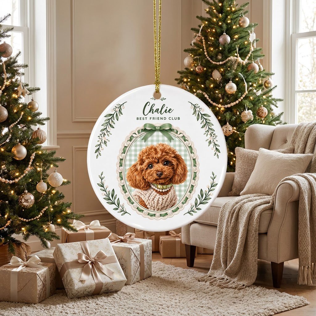 Round ceramic ornament with a poodle portrait, 'BEST FRIEND CLUB', green gingham, bow, and leafy sprigs.