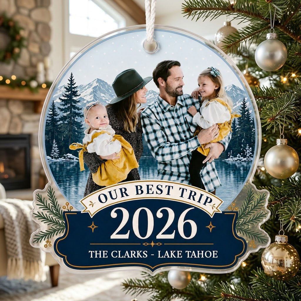 Personalized Our Best Trip Snow Globe Photo Acrylic Ornament