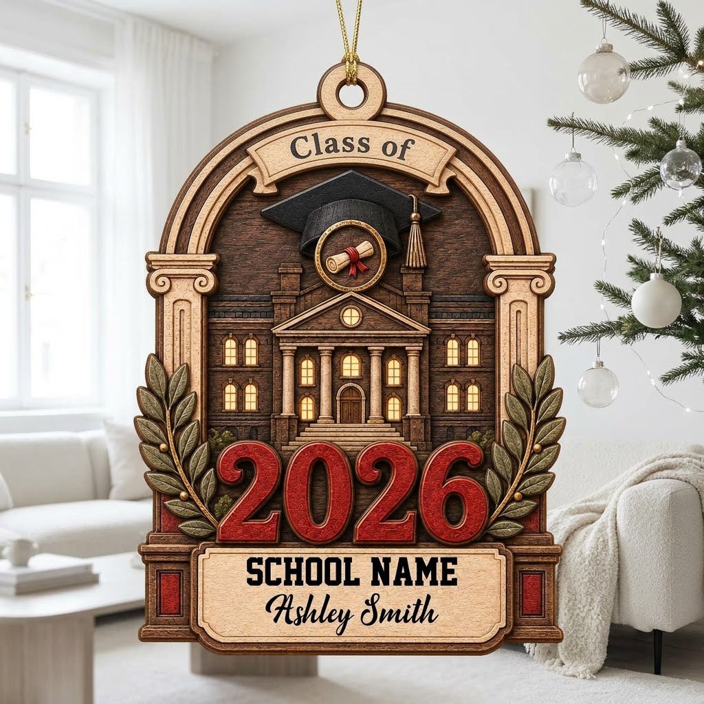 Personalized Class of Graduation Crest Wood Ornament with Cap, Diploma & Laurels
