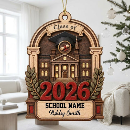 Personalized Class of Graduation Crest Wood Ornament with Cap, Diploma & Laurels
