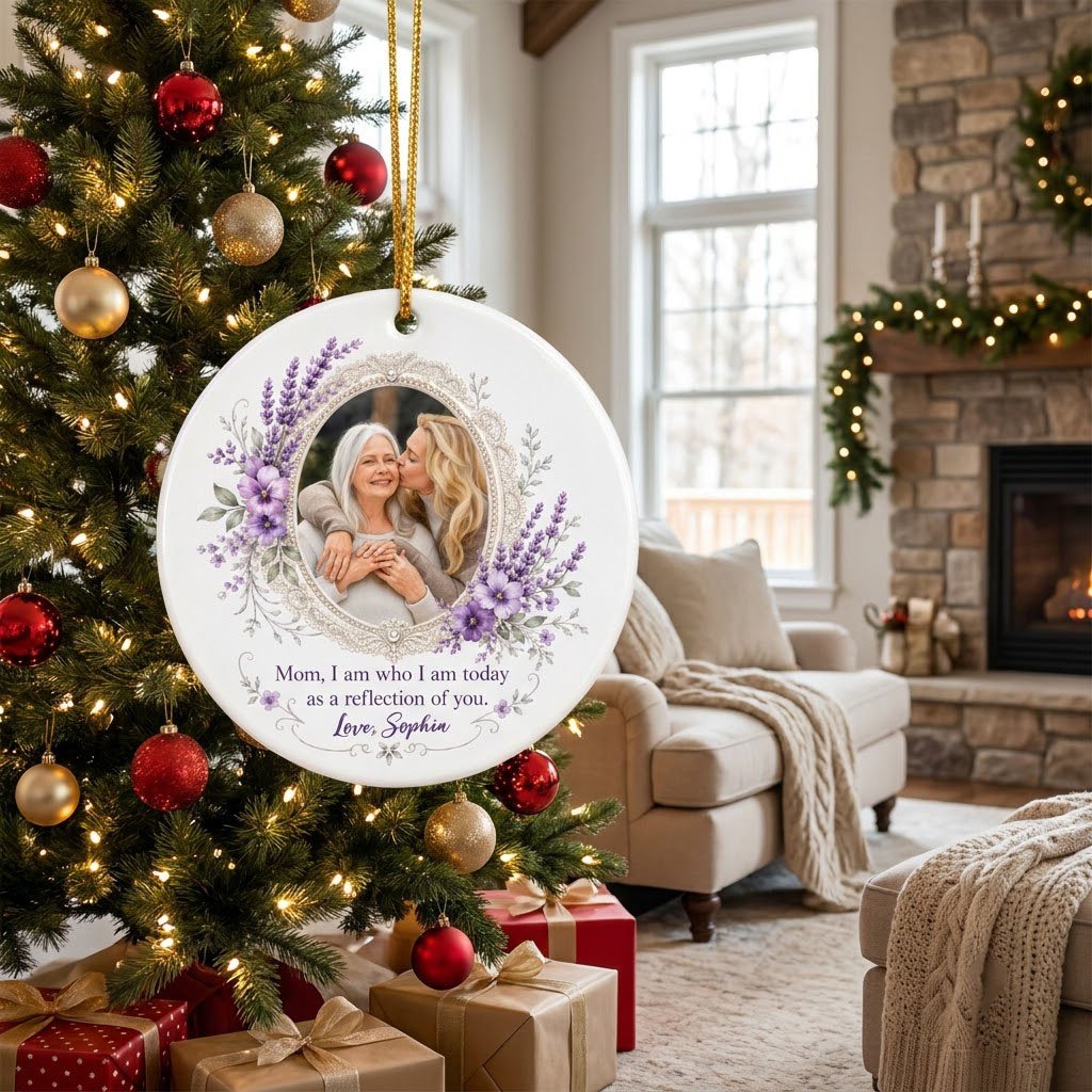 Round ceramic ornament with oval lace frame, pearls, purple pansies and lavender surrounding a photo and mom quote.