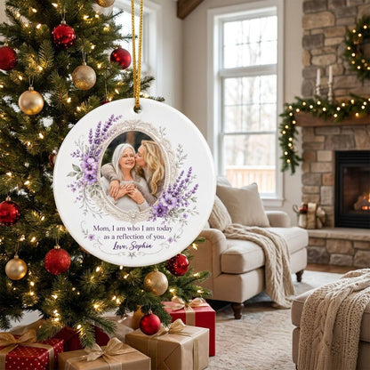 Round ceramic ornament with oval lace frame, pearls, purple pansies and lavender surrounding a photo and mom quote.