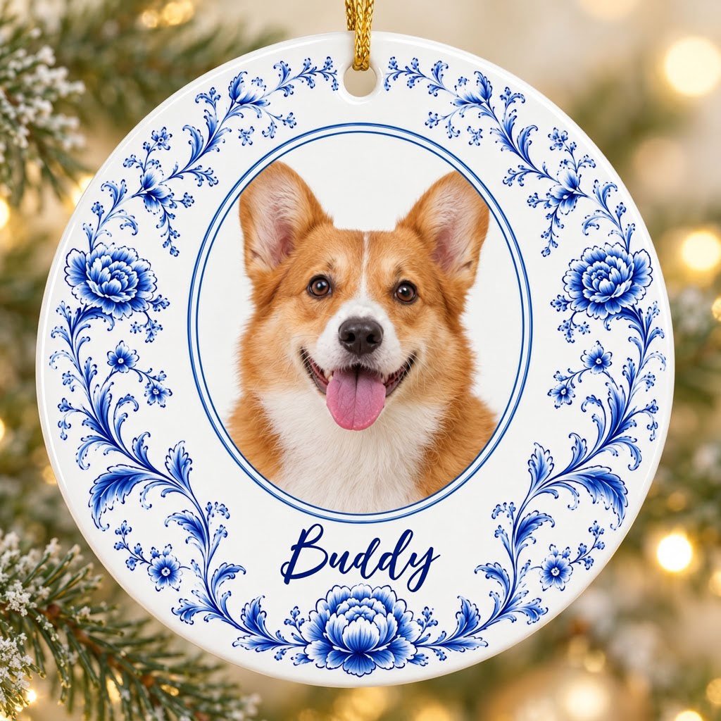 Round ceramic ornament with blue Delft floral border framing a circular photo of a dog and a personalized name.