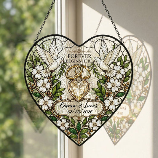 Personalized Wedding Doves & Diamond Heart Forever Begins Here Heart Stained Glass Suncatcher