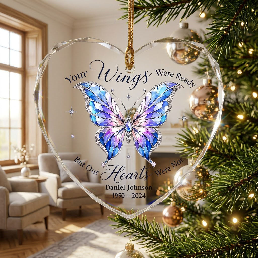 Personalized Butterfly Memorial Your Wings Were Ready Jeweled Heart Glass Ornament