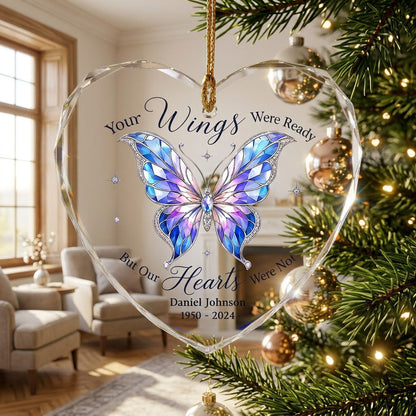 Personalized Butterfly Memorial Your Wings Were Ready Jeweled Heart Glass Ornament