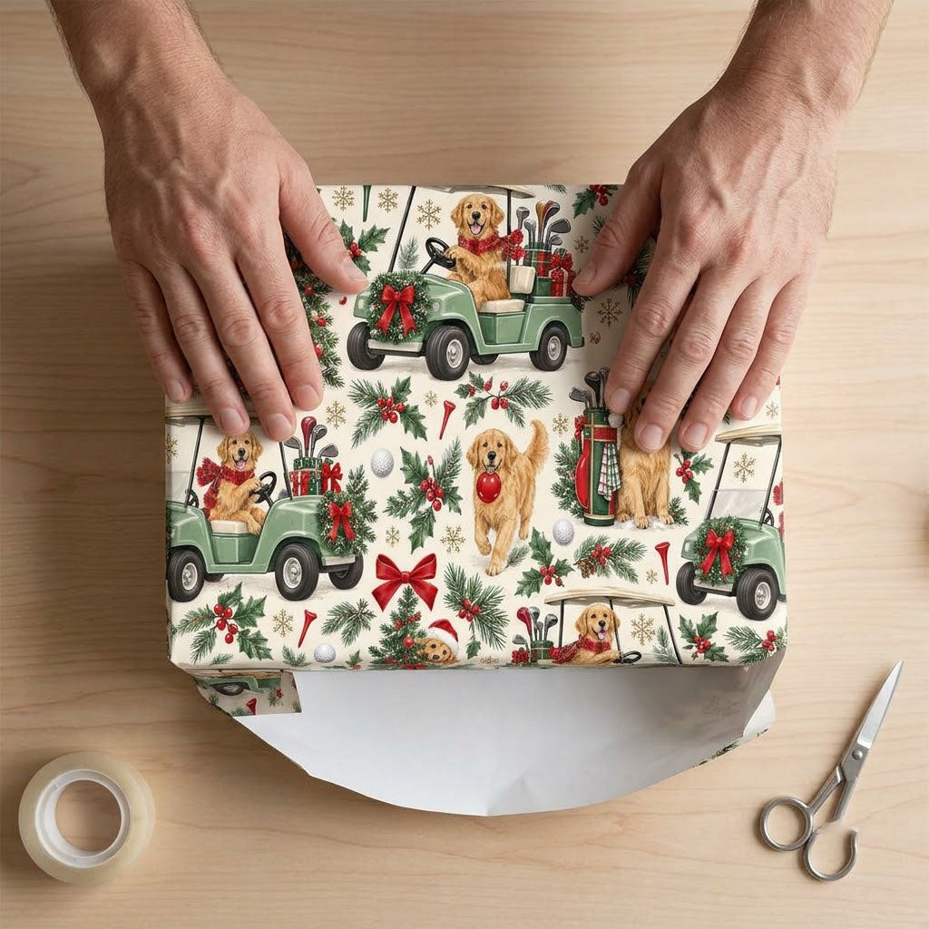 Golden Retrievers in green golf carts, Santa hats, ornaments, golf gear and holly on cream matte wrapping paper.
