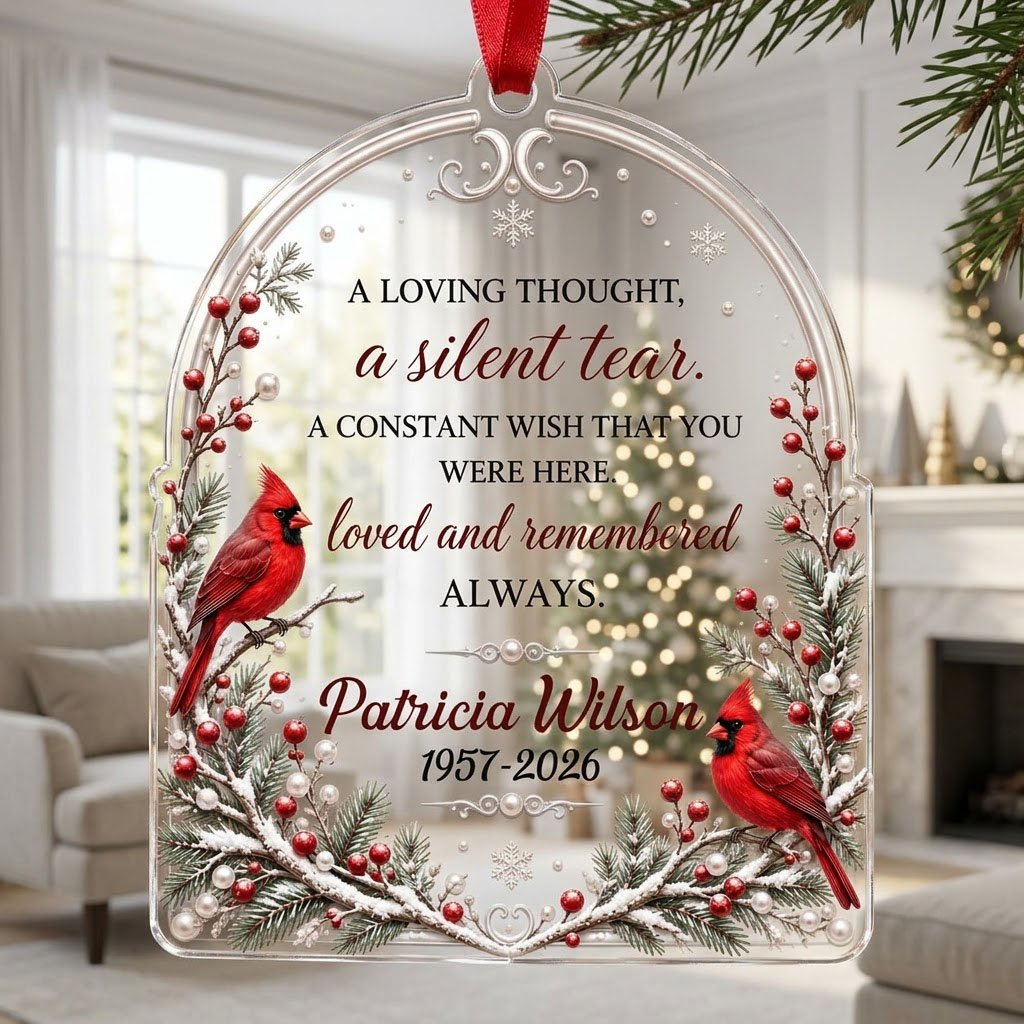 Clear acrylic arch ornament with two red cardinals, snowy evergreens, memorial verse, plus personalized name and dates.