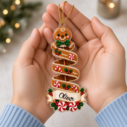 Clear acrylic spiral tree ornament with peppermint or elf top, holly and candy details, and a personalized name banner.