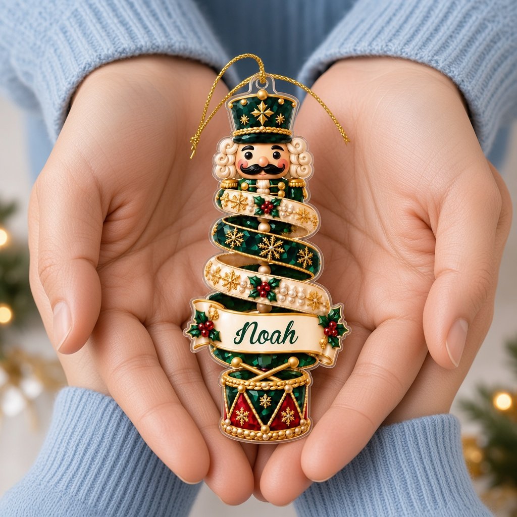 Custom-cut acrylic ornament with robin or fox ribbon tree and a cream name banner.