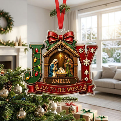 Personalized Nativity Scene JOY Acrylic Ornament, Custom Christian Holy Family Christmas Keepsake