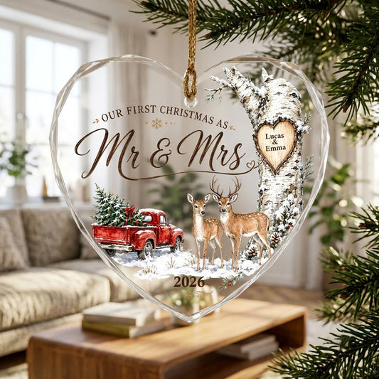 Personalized Our First Christmas as Mr & Mrs Deer Red Truck Heart Glass Ornament