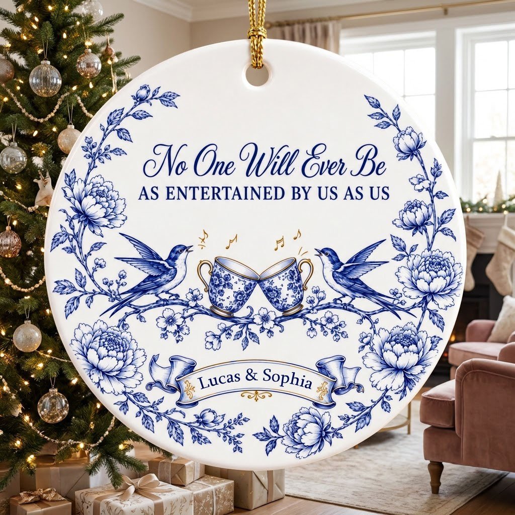 Round ceramic ornament with blue toile border, two birds, clinking floral teacups and gold music notes with two names.