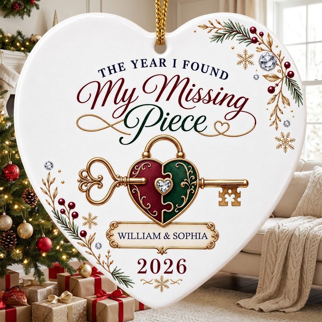 Heart ceramic ornament with a gold key through a burgundy and green heart lock, pine sprigs, berries, and gold snowflake