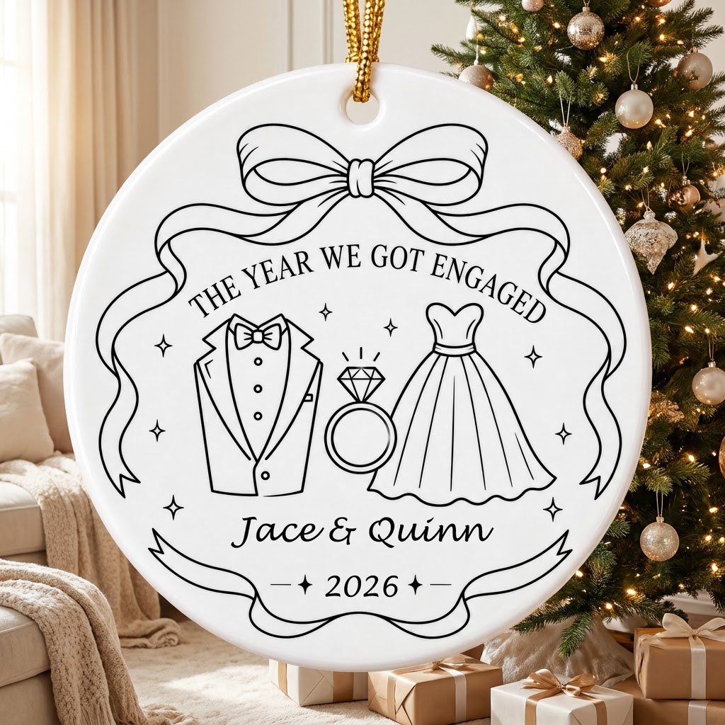 Round white ceramic ornament with black line art of bow, tuxedo, ring, dress, and THE YEAR WE GOT ENGAGED banner.