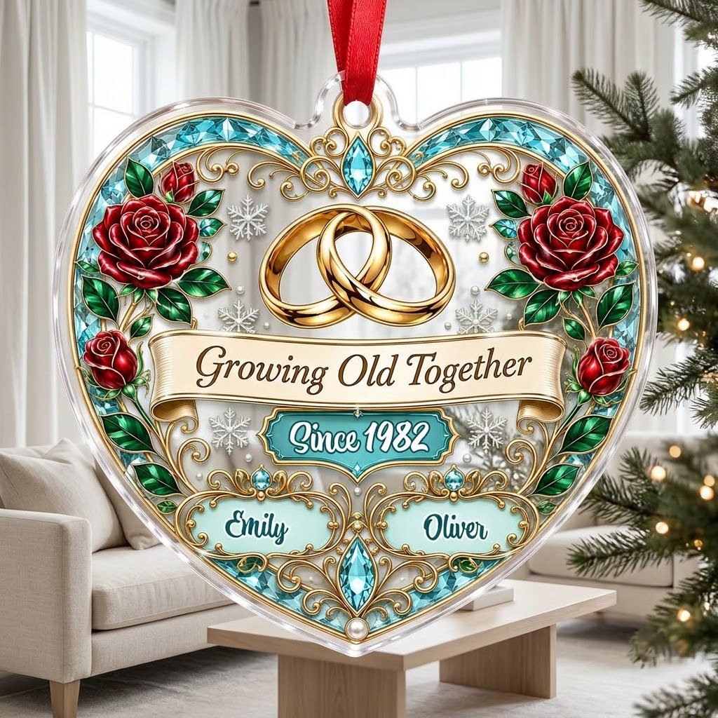 Heart-shaped clear acrylic ornament with golden rings, red roses, “Growing Old Together,” and custom names with a since 