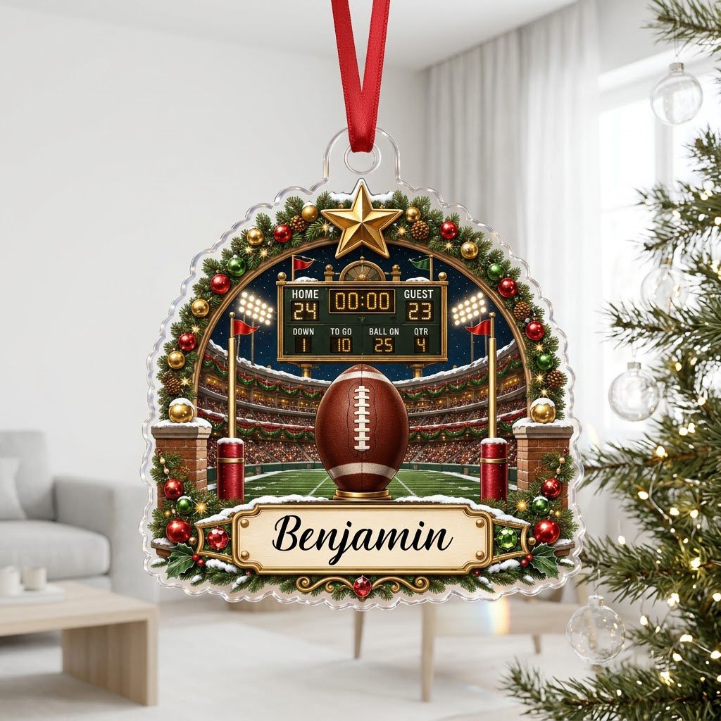 Acrylic ornament with football on a tee, stadium scoreboard, and pine garland border with a name banner.