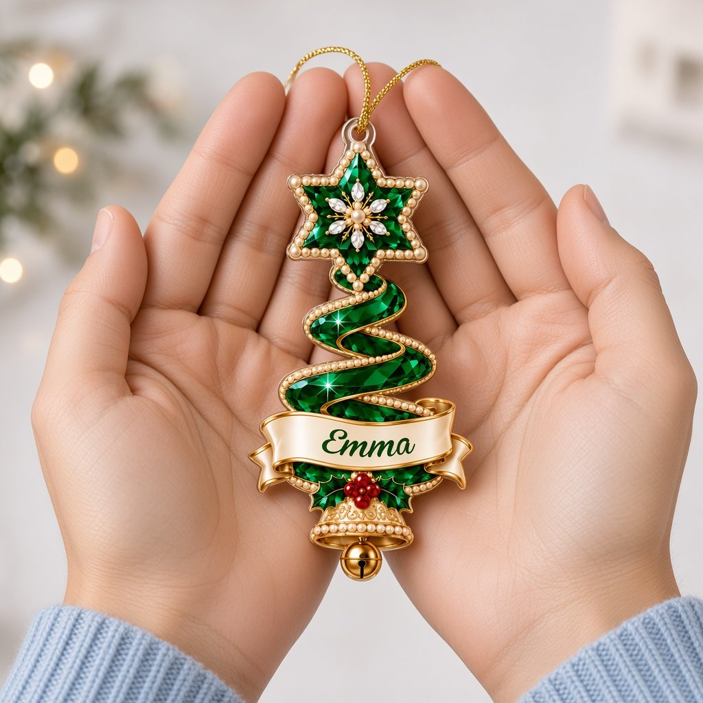 Custom-cut acrylic ornament of a jeweled ribbon Christmas tree with star topper, holly sprig, name banner, and a gold be