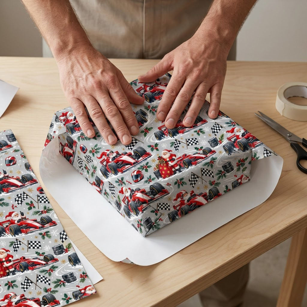 Light grey wrapping paper with Santa in red F1 cars, checkered flags, helmets, holly, and snowflakes.