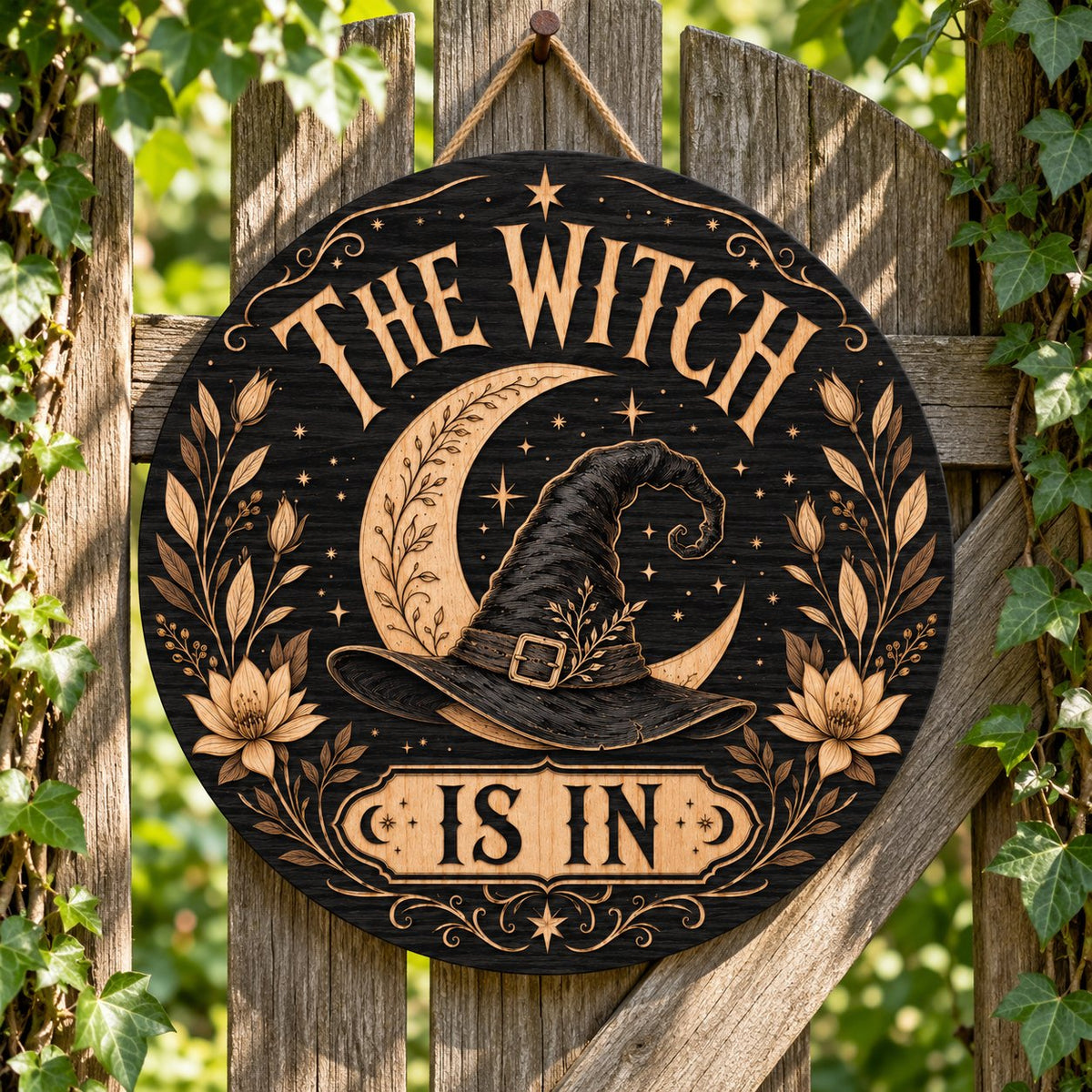 Round wooden sign with 'THE WITCH IS IN' slogan, crescent moon, witch hat, floral borders, stars and scrollwork.