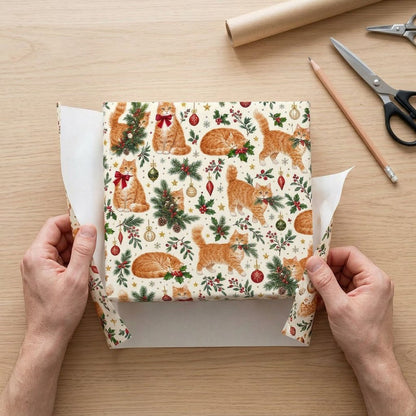 Cream gift wrap with ginger tabby cats, red and gold ornaments, pine boughs, berries and stars in a pattern.