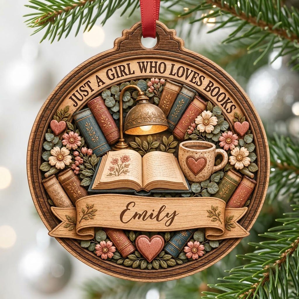 Round wood ornament with faux carved open book, glowing lamp, heart mug, stacked books, flowers, and a personalized name