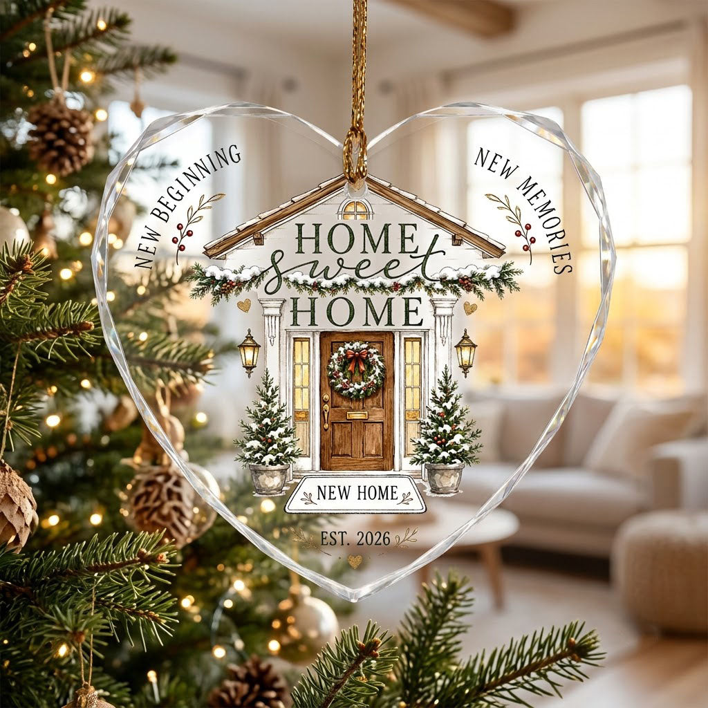 Home Sweet Home Winter Front Porch Heart Glass Ornament