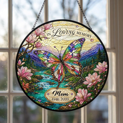 Personalized Butterfly Magnolia Mountain Landscape In Loving Memory Stained Glass Round Suncatcher