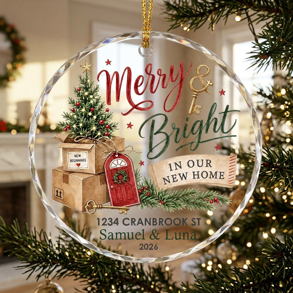 Personalized Merry & Bright In Our New Home Moving Boxes Round Glass Ornament