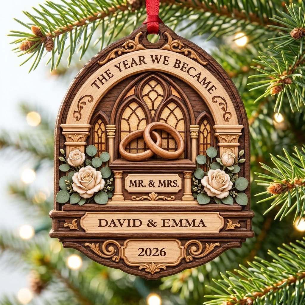 Arch-shaped wood ornament with window frame, wedding rings, roses, personalized with names and year.