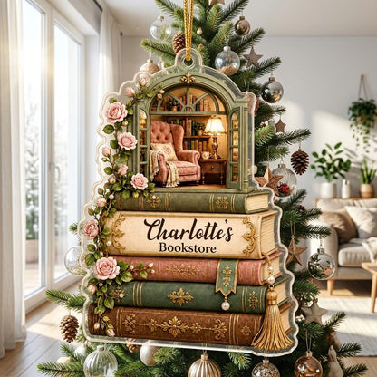 Personalized Stack of Books Reading Nook Acrylic Ornament, Custom Book Lover Keepsake