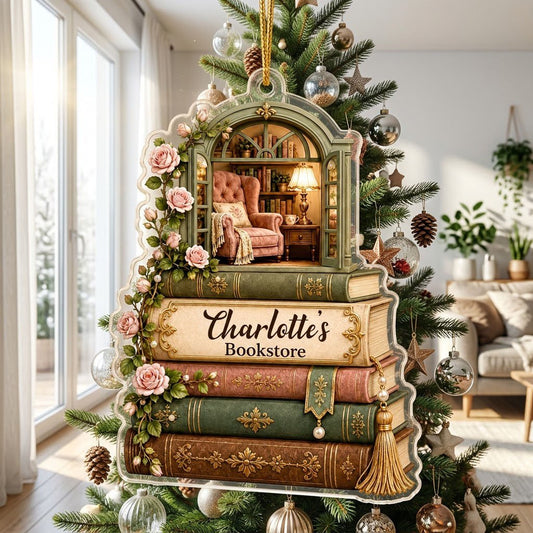 Personalized Stack of Books Reading Nook Acrylic Ornament, Custom Book Lover Keepsake