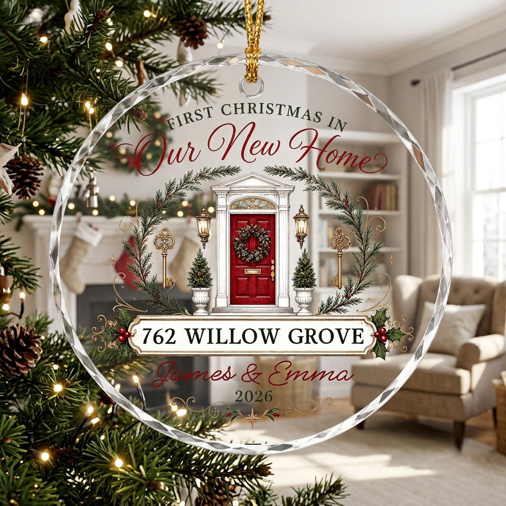 Personalized First Christmas in Our New Home Front Door Keys Round Glass Ornament