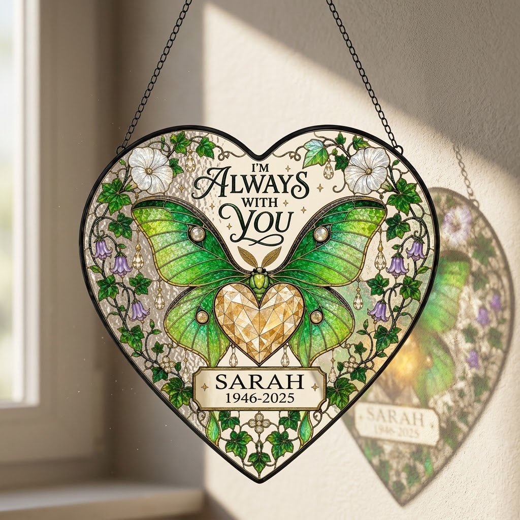 Personalized Luna Moth Memorial I'm Always With You Heart Stained Glass Suncatcher